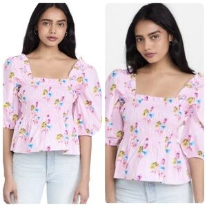 GANNI Printed Cotton Smocked Blouse Floral Light Lilac Voluminous Puff Sleeves S